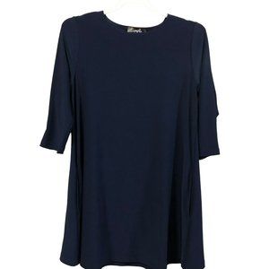 Sympli Trapeze 3/4 Sleeve Navy Dress Sz 8 Midi Swing Pockets Pullover Comfort